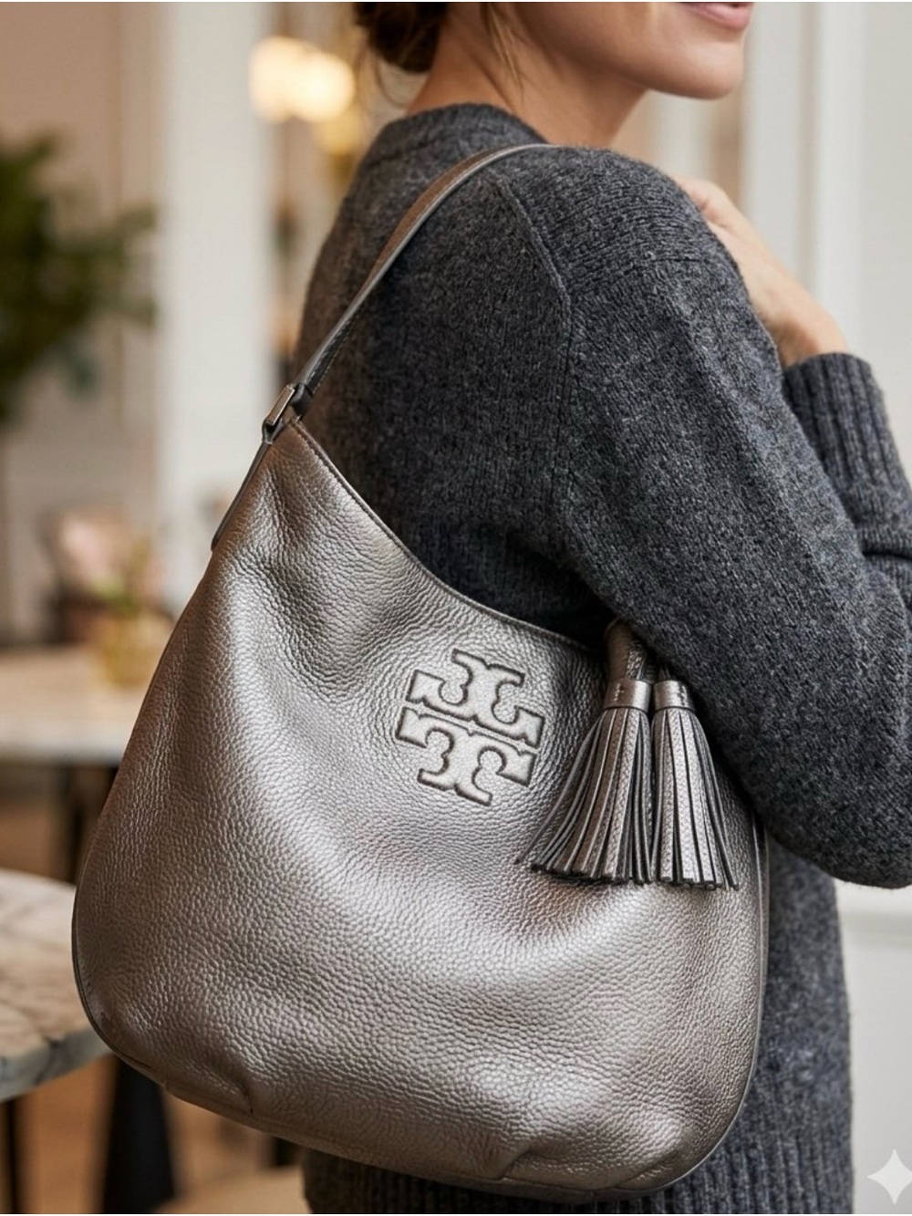 Tory Burch Metallic Gunmetal Tassel Pebbled Leather Hobo EUC